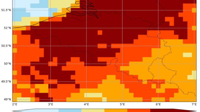 Kaartweergave van het berekende brandgevaar in België op 15 juni van het besproken jaar.
